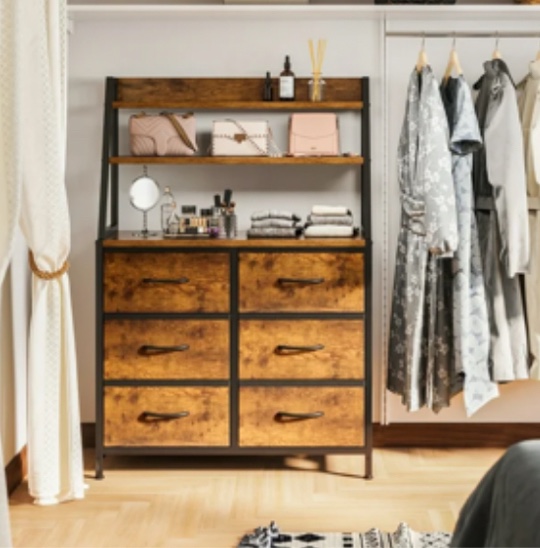 Casacomoda Dresser for Bedroom with 6 Fabric Drawers, Fabric Dresser with Open Shelves and Wood Top, Storage Chest of Drawers for Living Room, Hallway, Vintage