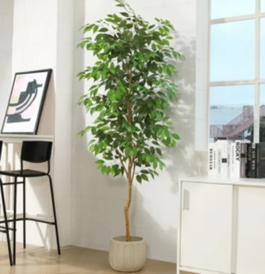 7FT Artificial Ficus Tree with Natural Wood Trunk and Lifelike Leaves, Silk Fake Potted Tree with Wood Branches, Faux Tree for Office Home Decor