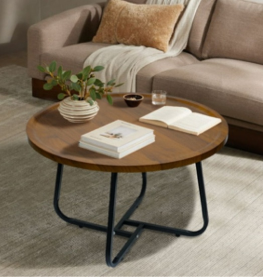 CERBIOR Vintage Modern Small Round Coffee Table, Living Room Centerpiece, Wooden Surface Top & Sturdy Metal Legs, Minimalist Display Side Table