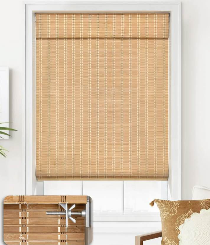 LazBlinds No Tools No Drill Cordless Bamboo Roman Shades, Light Filtering Window Treatment, Roll Up Bamboo Blinds for Window 26'' W x 64'' H, Brown