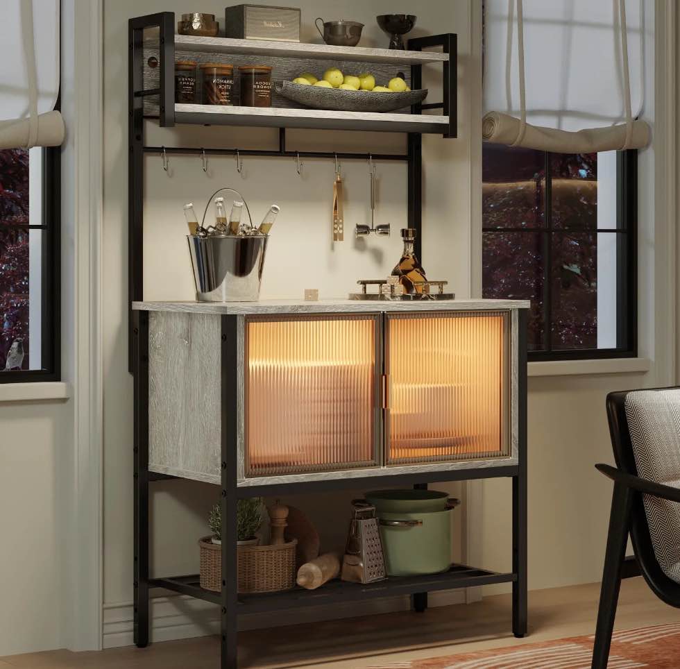 Bestier 59" Coffee Bar Station with Cabinets,  5-Tier Microwave Stand with Storage & LED Lights, Kitchen Bakers Rack in Grey