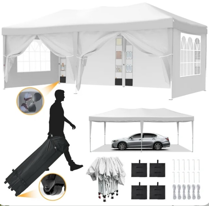 VECUKTY 10 x 20ft Pop up Canopy Tent with 6 Sidewalls, Wheeled Bag, Shelter for Outdoor Shade,White