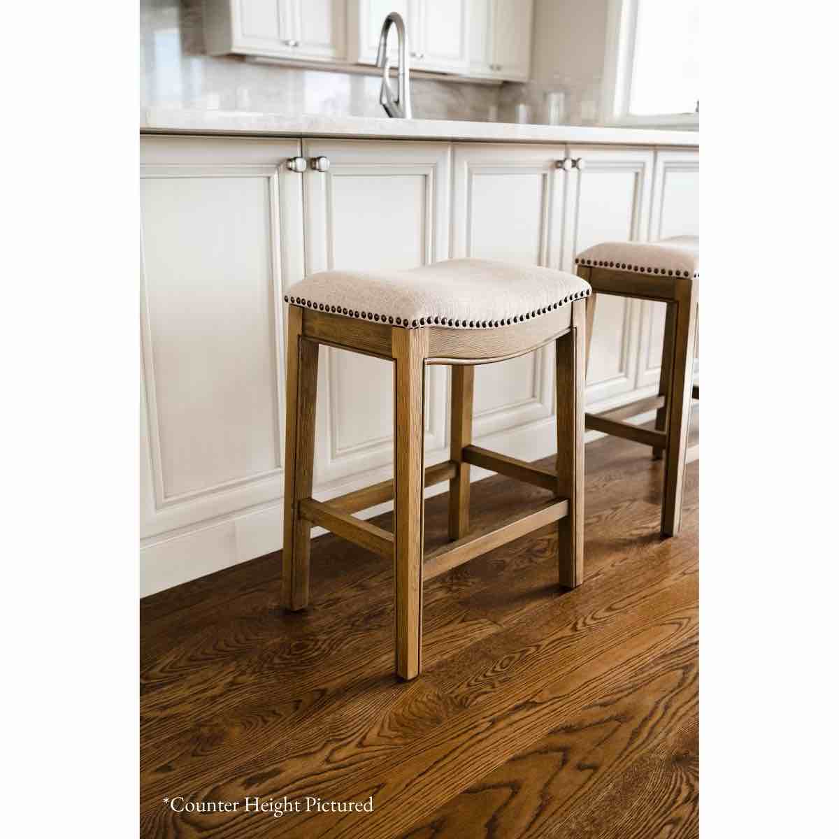 MAVEN LANE Adrien 31 in. Natural Backless Wooden Bar Stool with Premium Erin Cream Fabric Upholstered Seat, Natural Wood