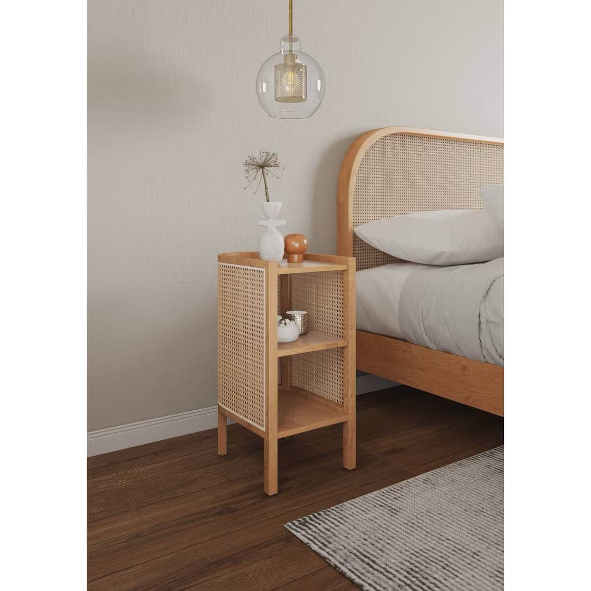 Manhattan Comfort Versailles End Table Natural: Half Moon Ash Wood, Fixed Shelf, Living Room Furniture