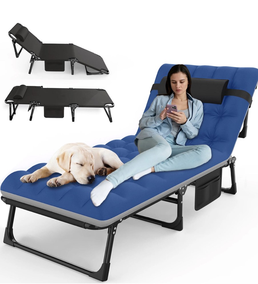 GVDV Portable Folding Camping Cot - Comfort Mattress & Pillow, Multi-Position Folding Chaise Lounge Chair, Oversized Folding Bed Cot for Outdoor, Home, Office
