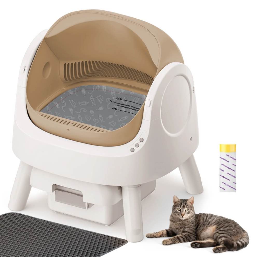 Rawrose Large Open-Top Automatic Cat Litter Box Self Cleaning with Safety Protection, Mat and Trash Bags Included, Brown