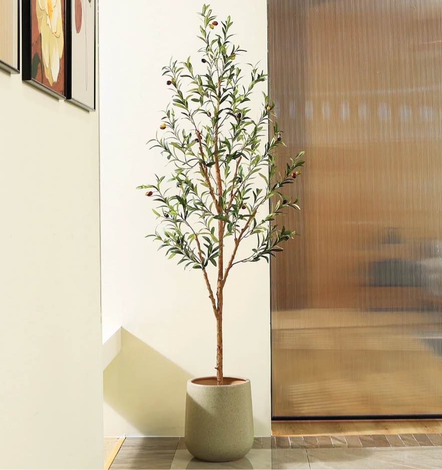 DR.Planzen 6 feet Artificial Olive Tree Indoor, Tall Faux Olive Tree in Black Plastic Pot, Artificial Plants with Natural Wood Trunk and Lifelike Fruits for Home Office Decor