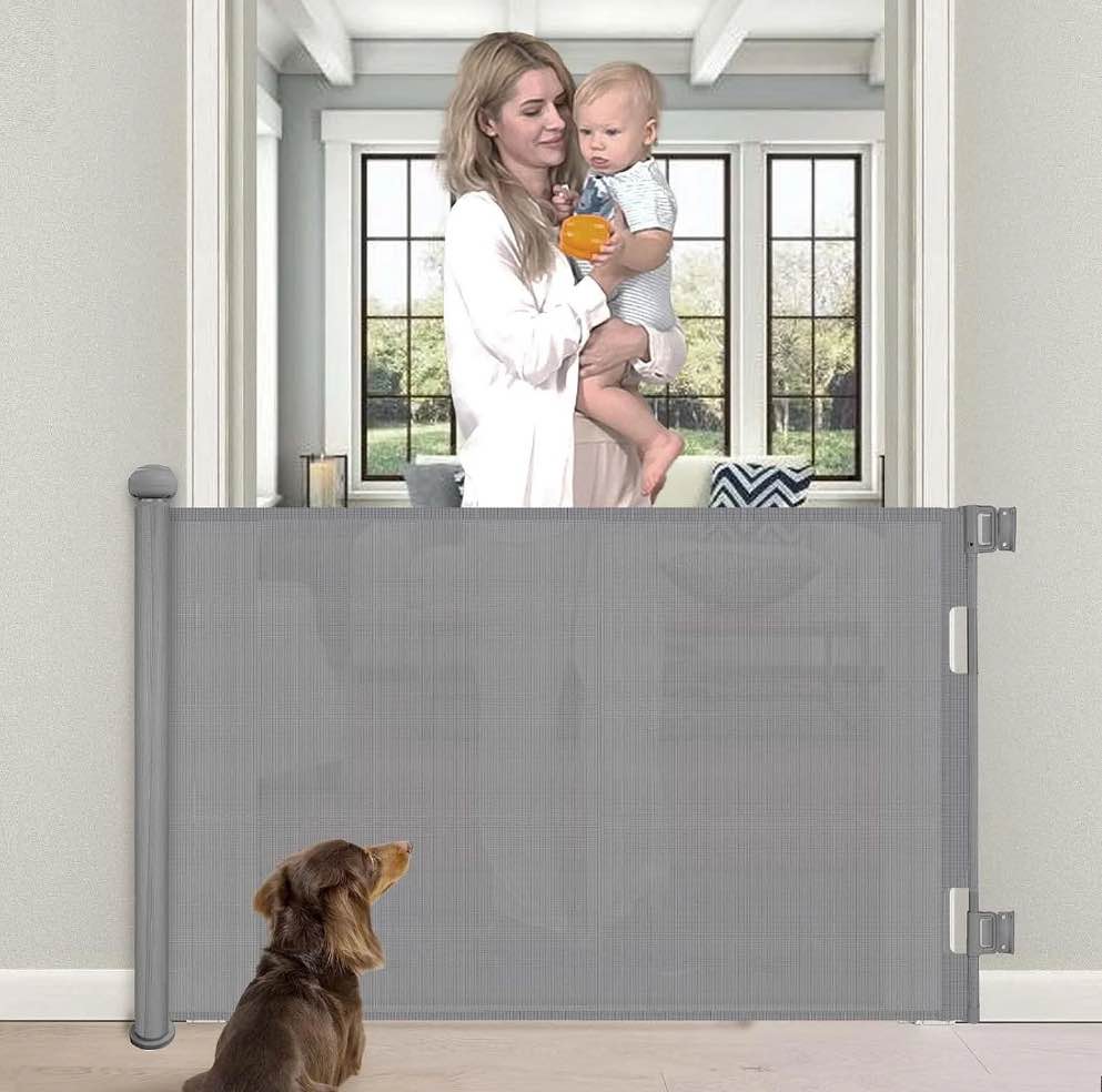 PETGOD Retractable Baby Gate, Upgraded Lockable Mesh Dog Gate Tall 34”, Extends up to 71” Extra Wide Pet Gate and Safety Child Gate for Stairs, Doorways, Hallways, Banisters, Indoors, Outdoors Gray