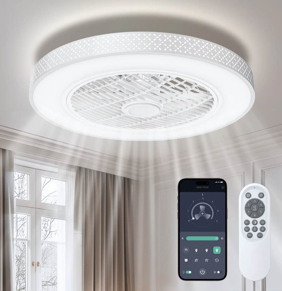 BLITZWILL 22 in Round Ceiling Fans with Lights, Dimmable Color Temperature and 6 Speeds, Remote & APP Control, Flush Mount Bladeless Reversible Motor, White