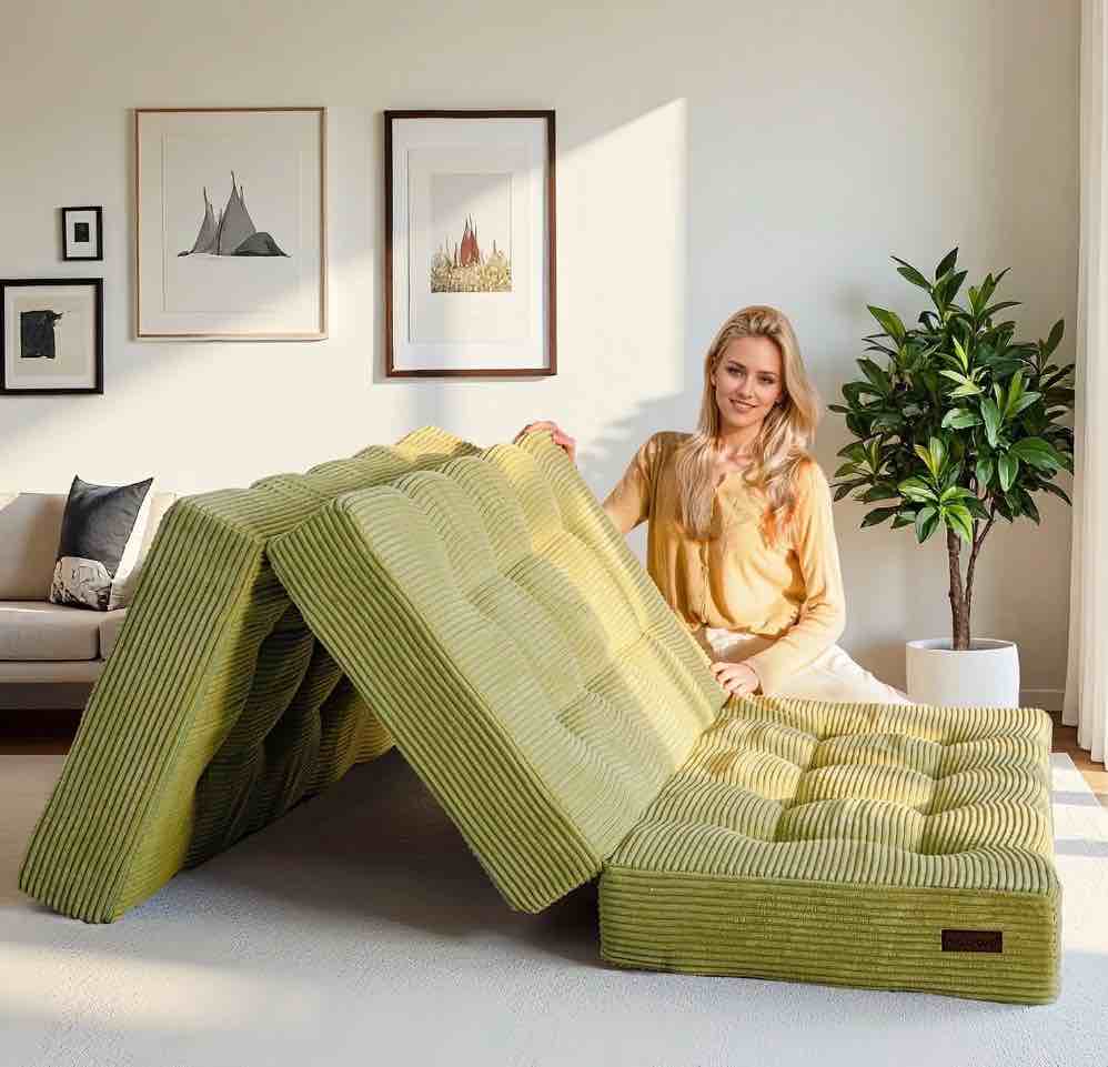 BYBYME 6 inch Tri-Fold Mattress,Corduroy Folding Mattress Made of a Whole Foam,Memory Foam Mattress Topper Perfect for Sleeping,Camping,Twin,Green