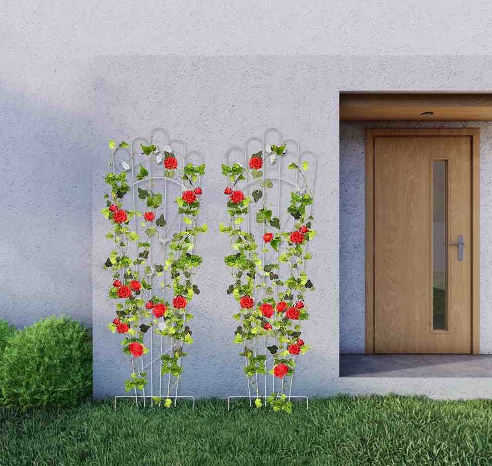 SNYNUXX 2 Pack 60 Inch Detachable Trapezoidal Garden Trellis for Climbing Plants Sturdy Black Patio Plant Trellis Plants Support Metal Trellis for Climbing Rose Vegetable Flower, Backyard (White)