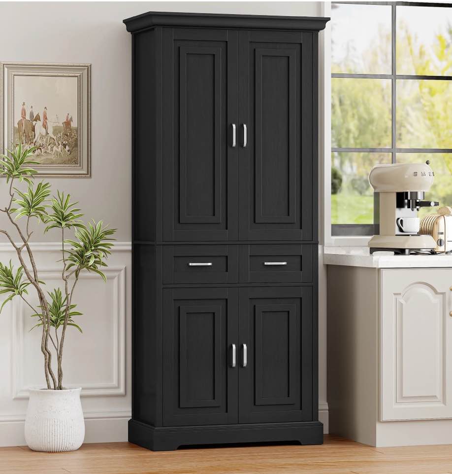 Homfa 70.9'' Tall Kitchen Pantry with 4 Doors, 2 Drawer Modern Freestanding Storage Cabinet for Dining Room Living Room, Black