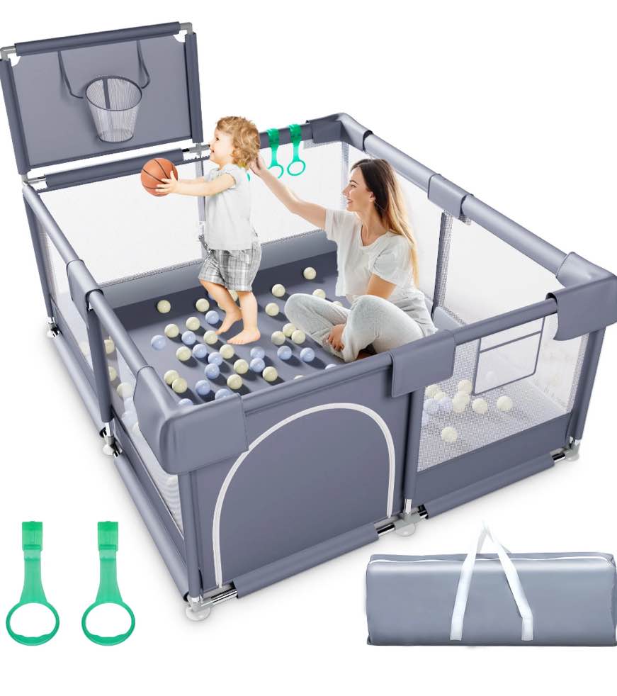 TEAYINGDE Baby Playpen, Play Yard, Baby Playards, 50"x50" Infant Travel Fence with Basket, Gray