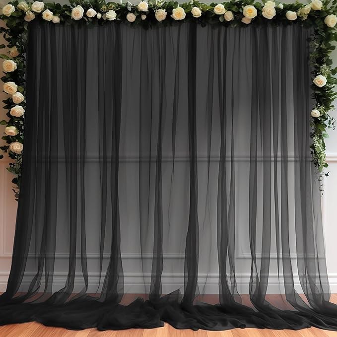 10x10ft Black Tulle Backdrop Curtains ,Wrinkle Free Sheer ,Wedding Photo Backdop Drapes for Baby Shower Birthday Party Photography Home Decorations 2 Panels(5*10FT) Black (((.  Lights not included  ))’