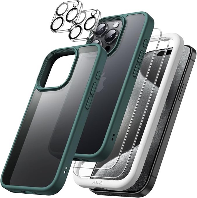 JETech 5 in 1 Matte Case for iPhone 15 Pro Max 6.7-Inch with 2-Pack Each Tempered Glass Screen Protector and Camera Lens Protector, Translucent Back Shockproof Phone Cover (Dark Green)