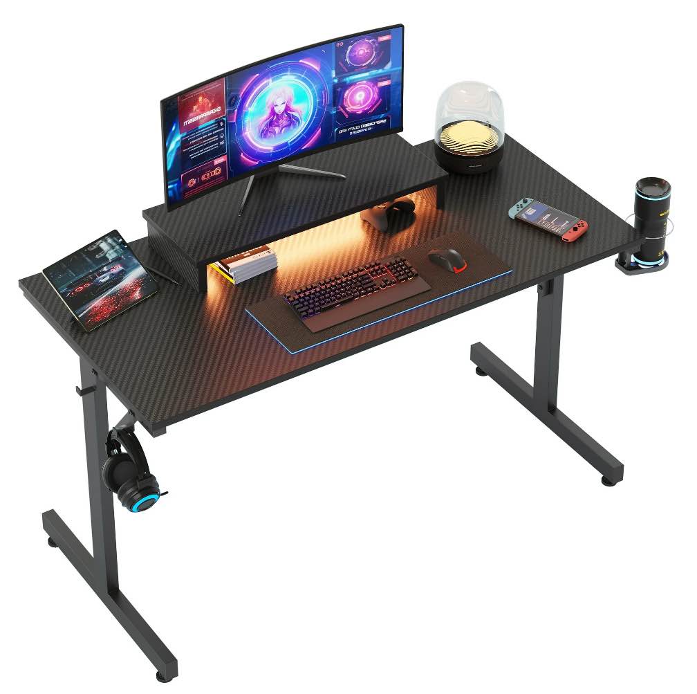 Bestier 42" Gaming Desk PC Computer Office Table Desk with LED Lights & Monitor Stand & Headphone Hook & Cup Holder in Carbon Fiber Black