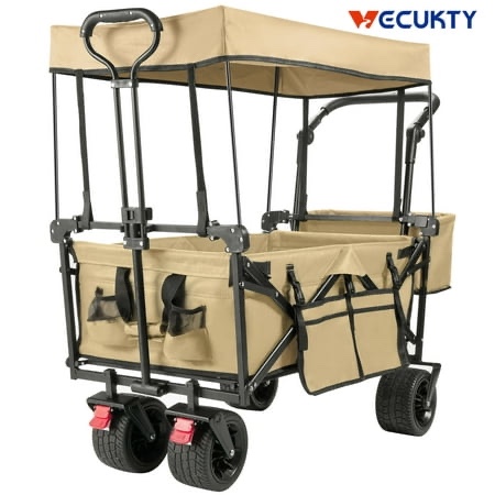 VECUKTY Collapsible Garden Wagon Cart with Removable Canopy Beige