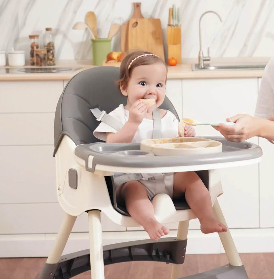 Aprpink 6-in-1 Baby Convertible High Chair Seat with 5-Point PU Safety Harness Gray Striped