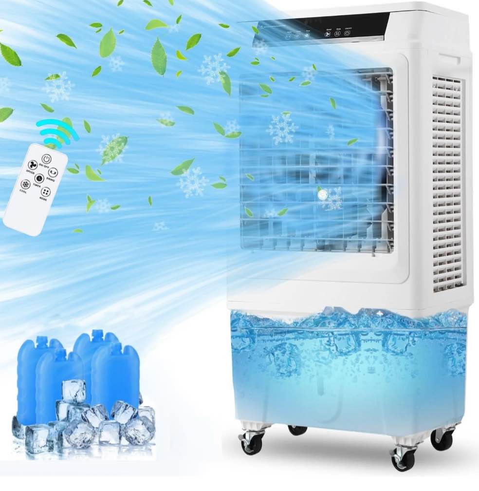 10.3 Gallon Evaporative Air Cooler,  3000CFM Swamp Cooler with Remote Control and 12H Timer, 4 Ice Packs, 3 Modes & Wind Speeds for Outdoor