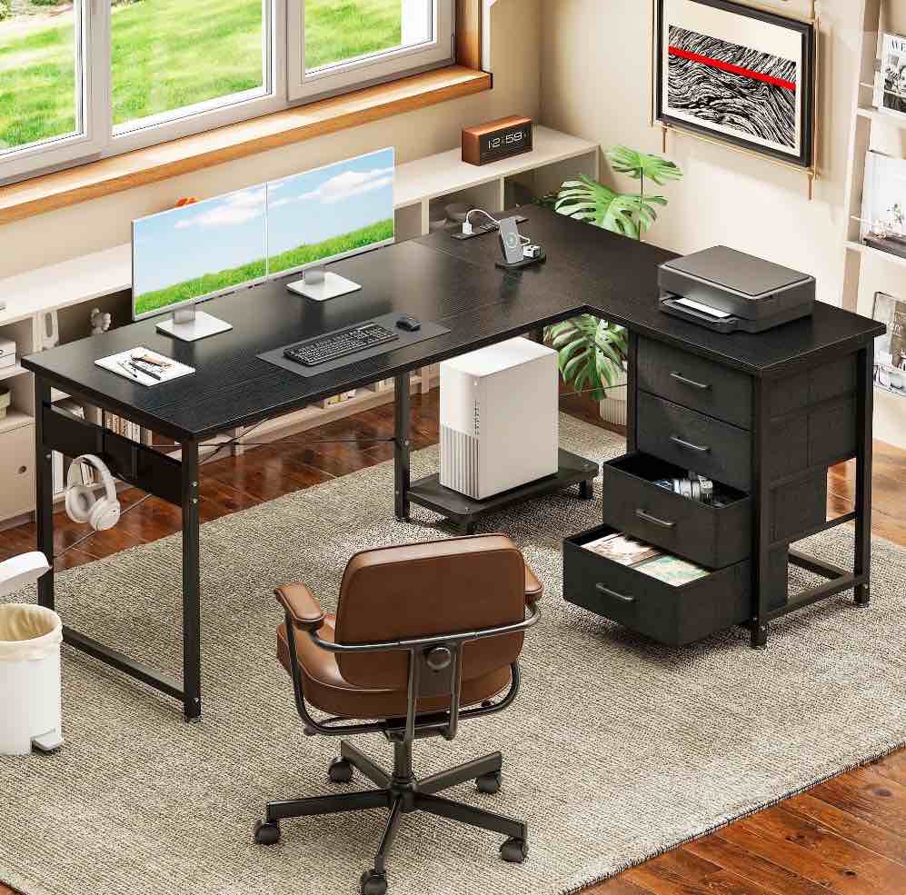 Casacomoda L Shaped Computer Desk with Charging Station , 53 inch PC Table Study Desk 4 Tier Drawers, Modern Simple Style Laptop Desk for Bedroom, Black