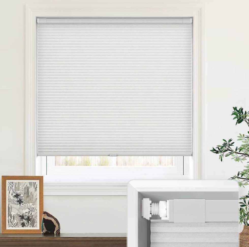 LazBlinds Cordless Cellular Shades, No Tools No Drill Light Filtering Honeycomb Shades Pleated Blinds for Windows, 28'' W x 48'' H, Light Grey