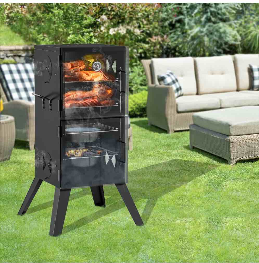 Kingchii Vertical Charcoal Smoker BBQ Grill with Built-in Thermometer, Portable Smoker for Backyard, Camping, Barbecue, and Outdoor Grilling