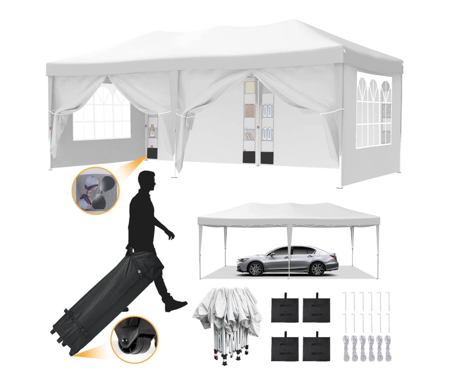 VECUKTY 10 x 20ft Pop up Canopy Tent with 6 Sidewalls, Wheeled Bag, Shelter for Outdoor Shade,White