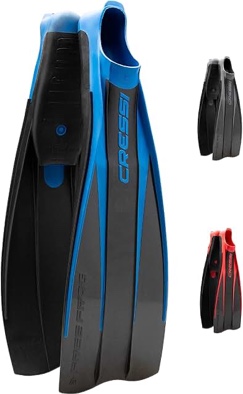 cressi high duty full foot pocket scuba diving fins | hi-surface: below blade foot pocket | free frog: made in italy (only 1 fin)