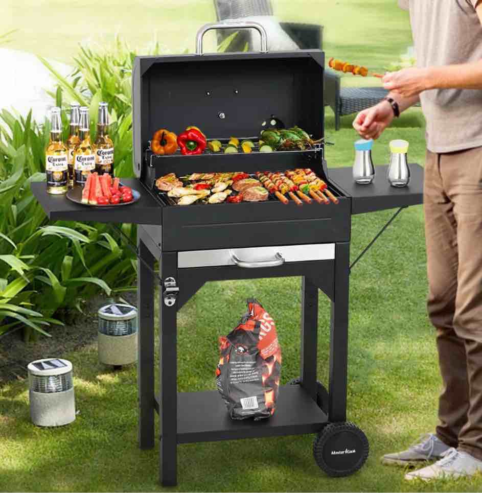 master cook charcoal grill with two side tables, bbq grill for outdoor picnic backyard patio and parties, black
