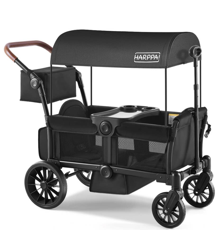 harppa foldable wagon stroller for 2 toddlers with pull & push handle, canopy, 32.9lbs, black
