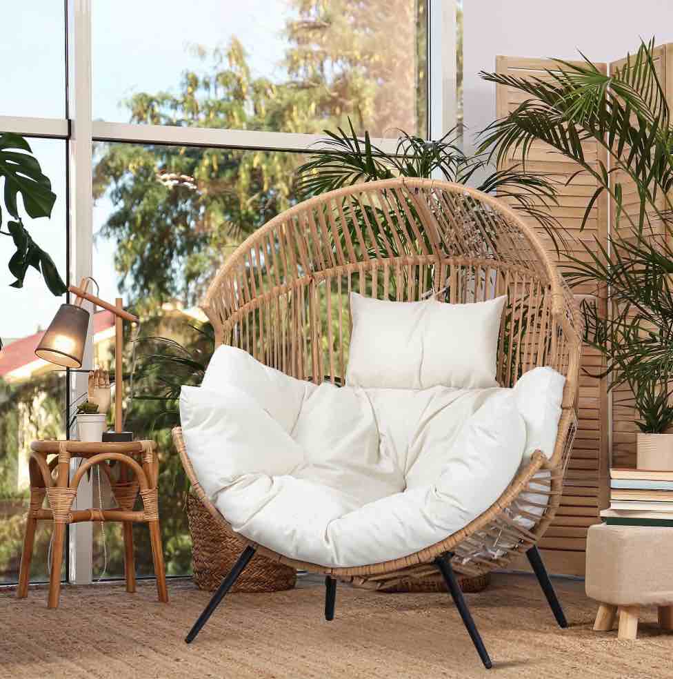 walsunny egg chairs outdoor patio wicker oversized egg shell lounger lawn chair with cushion for indoor outside porch balcony backyard, original wood color rattan beige cushion