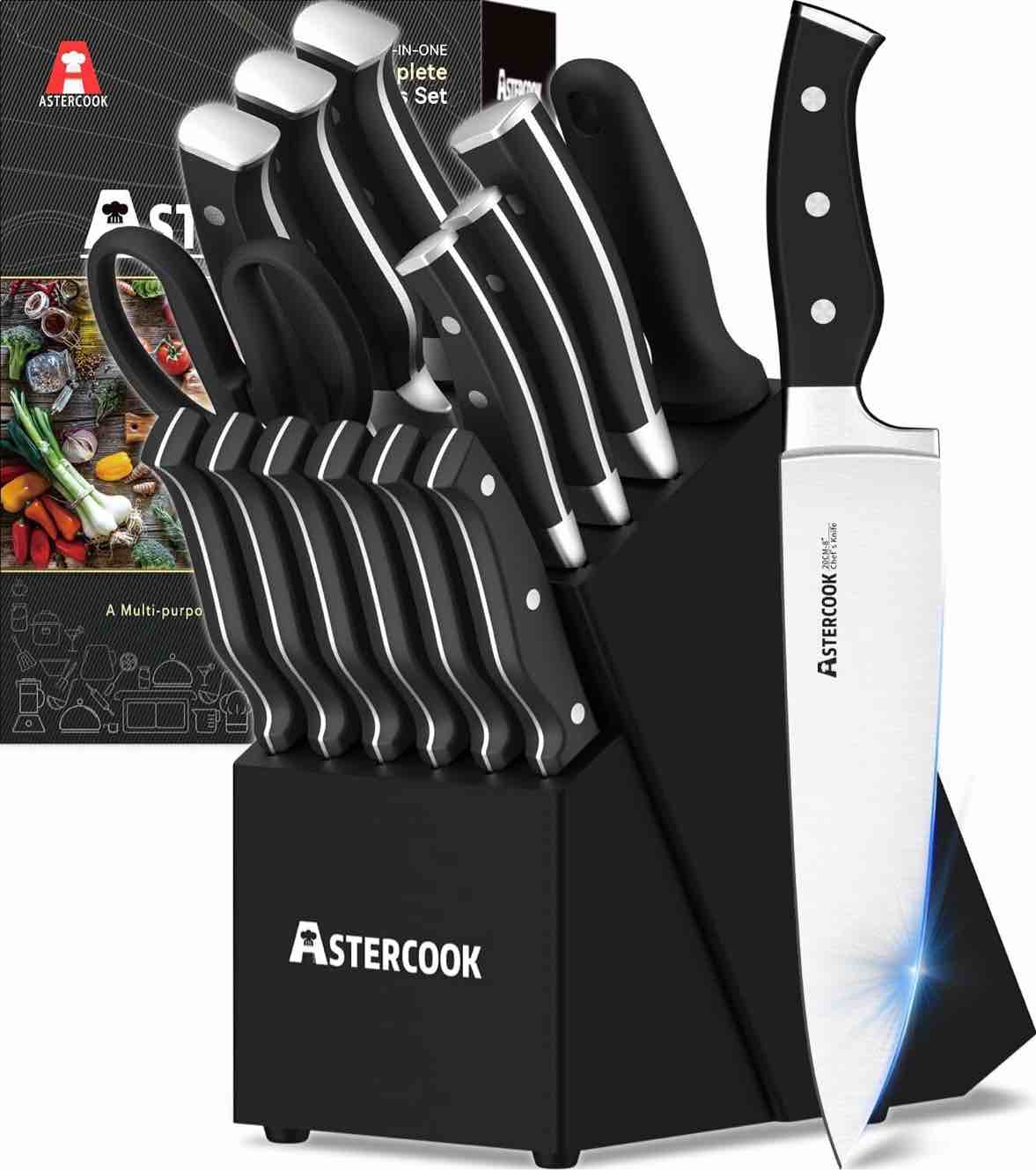 Knife Set, Astercook 15 Pieces Knife Sets for Kitchen with Block Triple Rivet Hi