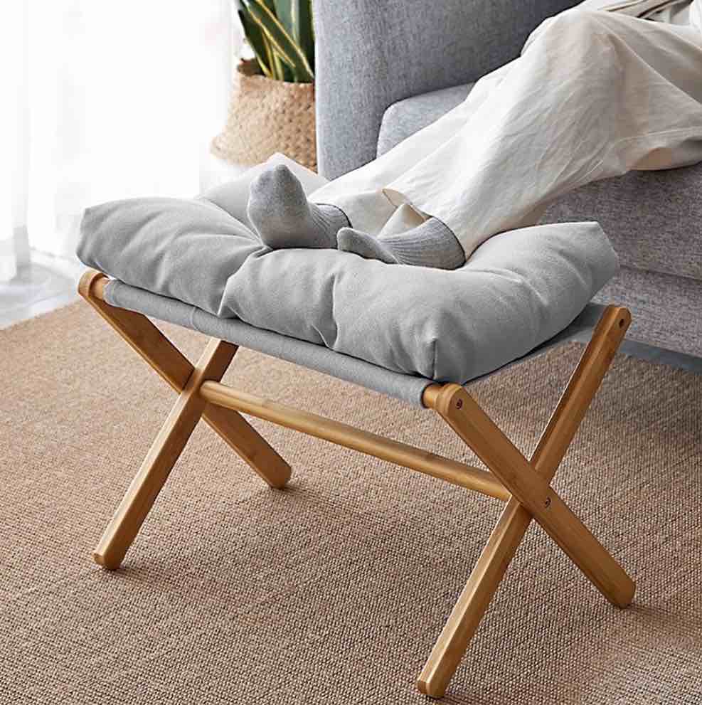 TEAFIRST Folding Footrest Stool, Footstool, Small Portable Bamboo Accent Ottoman,with Padded Gray