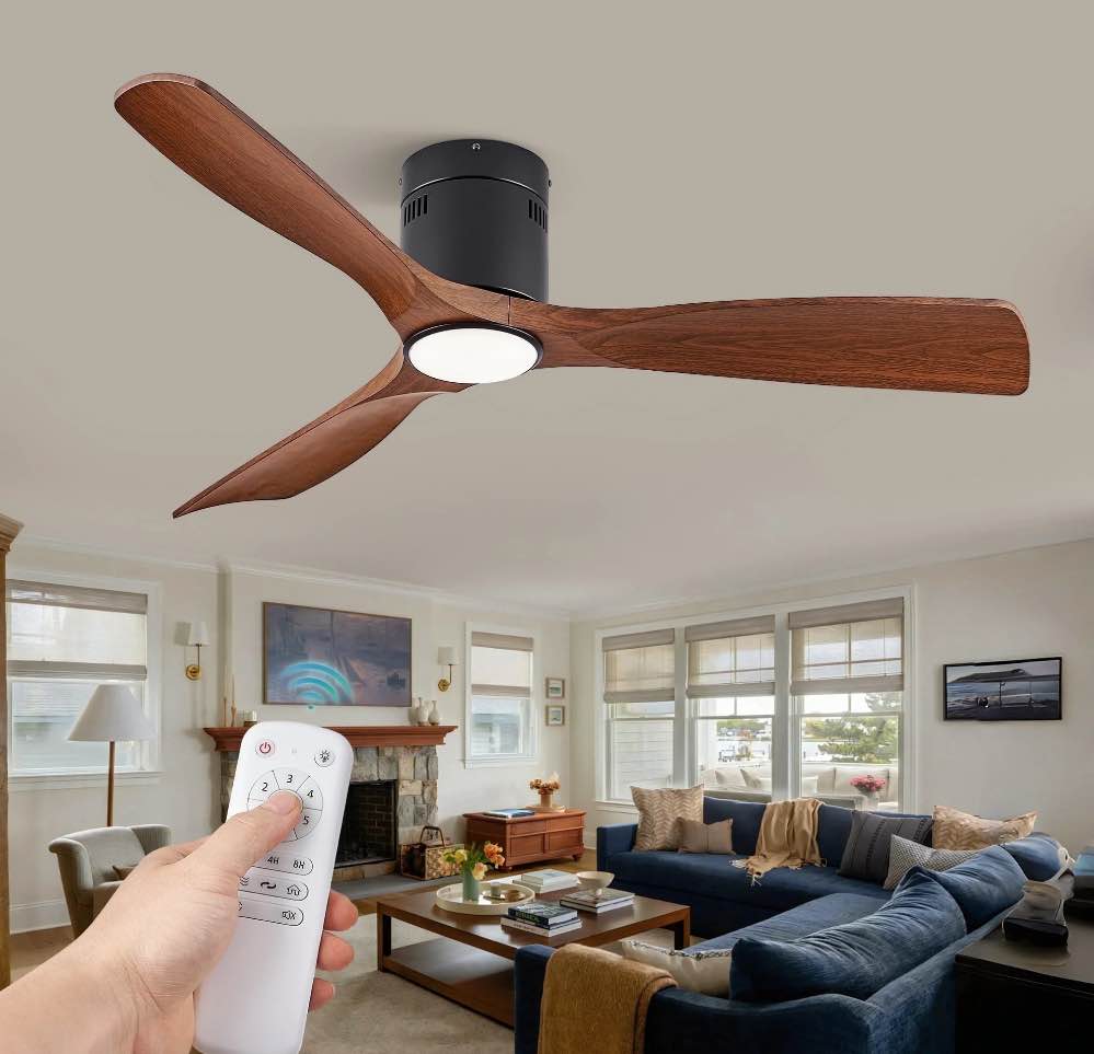 Zardon 52" Ceiling Fan with Remote Control and Light, 6 Speeds Reversible DC Motor, Ultra Quiet Flush Mount for Bedroom, Living Room - Black and Walnut