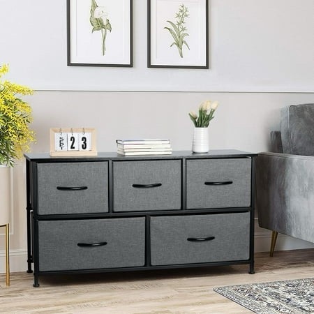 Vesteel 5 Drawers Dresser Wide Chest of Drawers Fabric Dresser with Wood Top and Sturdy Steel Frame Storage Organizer Unit for Closet Living Room