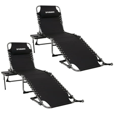 Fundango 2 Pack Folding Chaise Lounge Adjustable Lounge Chair Reclining Lawn Chair with Pillow for Beach Pool Patio Black