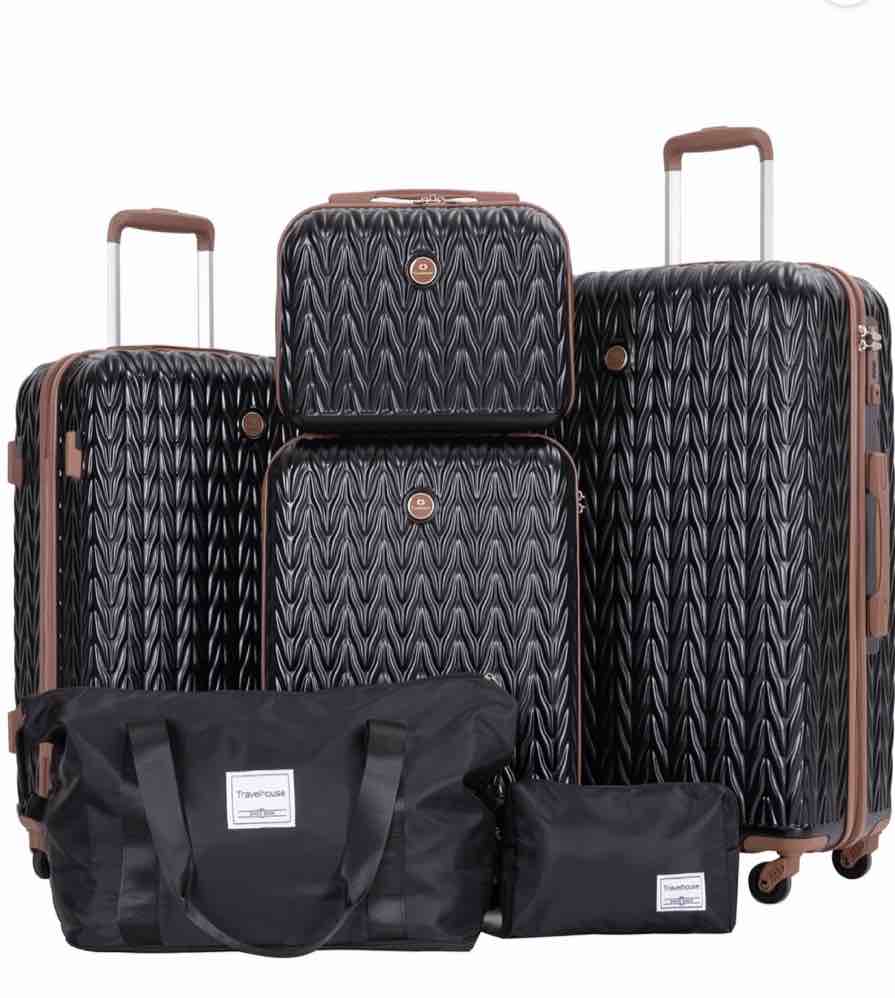 travelhouse luggage set 6 piece hardside suitcase tsa lock spinner wheels 6 pcs hardshell luggage with duffel bag.(black)