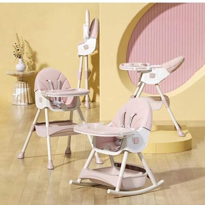 6-in-1 Convertible Wooden Baby Highchair Infant Feeding Chair with Removable Tray Pink