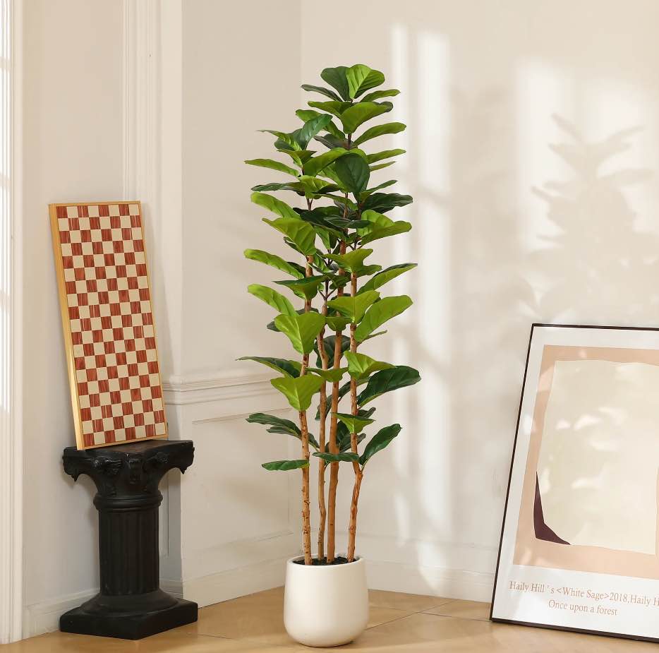 dr.planzen 6ft artificial fiddle leaf fig tree with white planter,tall faux ficus tree with natural wood trunk for home office living room decor