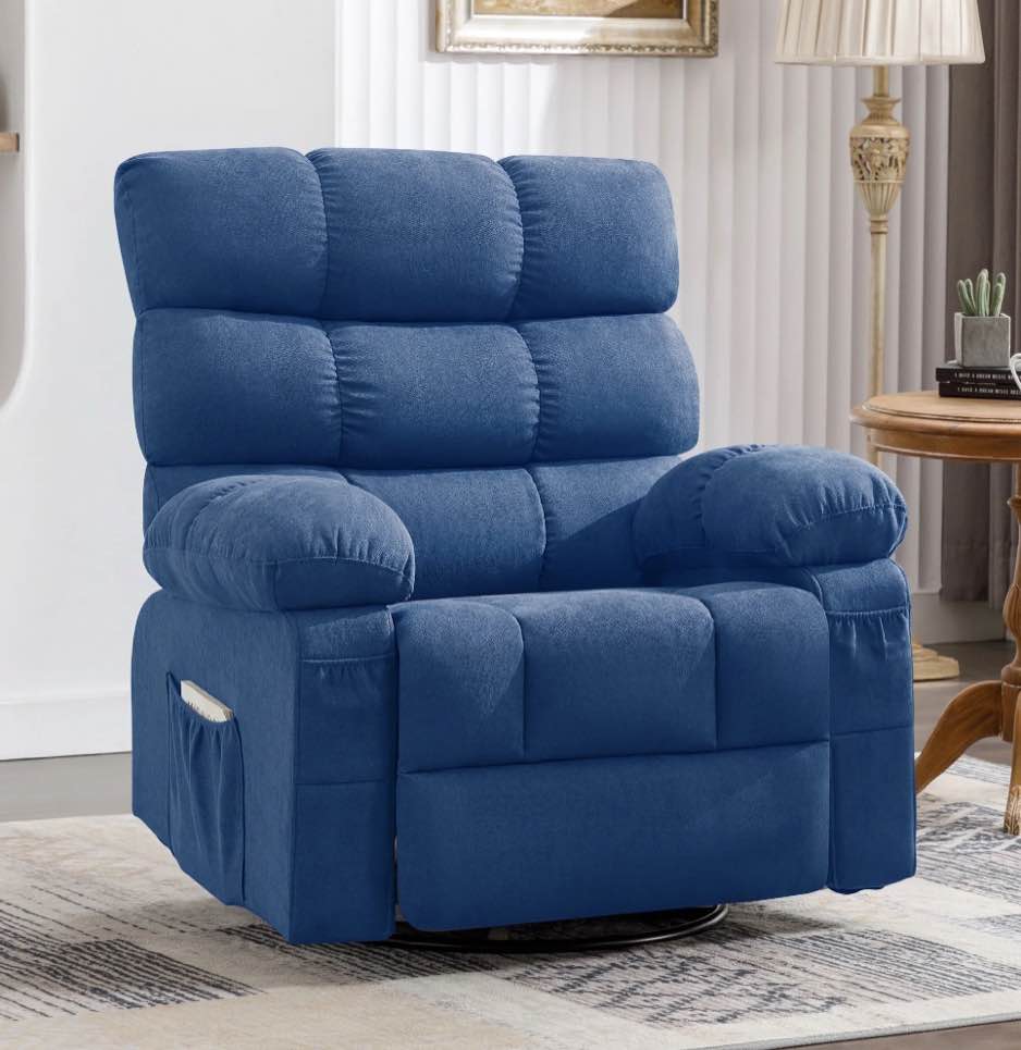 jonpony swivel rocker recliner chair, ergonomic lounge chair for living room,small spaces with rocking function,360° swivel,side pocket,blue