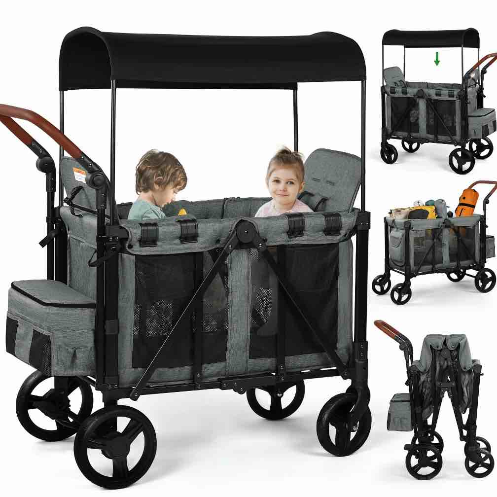 Vomeast Wagon Stroller for 2 Kids, 3-in-1 Wagon Stroller with Canopy, 5-Point Harness, Adjustable Handlebars, Removable Seat for Toddlers, Grey