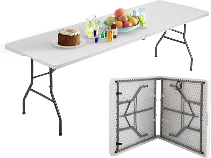  8ft Portable Folding Table Plastic Indoor Outdoor Picnic Party Camp Dining Table with Handle, (White,95'' x 30")