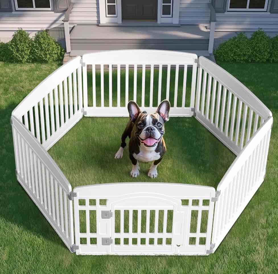 edx Dog Playpen, 6-Panel 24" Foldable Pet Pen with Door & Pet Safety Lock, Indoor/Outdoor Puppy Playpen, Customizable, White
