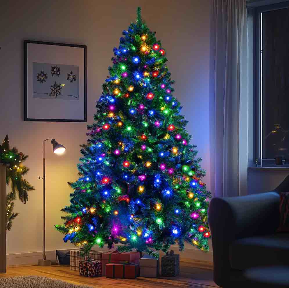 VAVSEA 7FT Pre-Lit Christmas Tree  Hinged Artificial Xmas Trees with 300 Multi-Color LED Lights & 1000 PVC Branch Tips for Holiday Party Office Home Decor