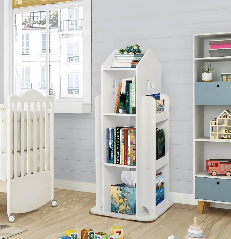 Gtouse 3 Tier Rotating Bookshelf, 360° Display Corner Bookshelf, Wooden Floor Standing Bookcase