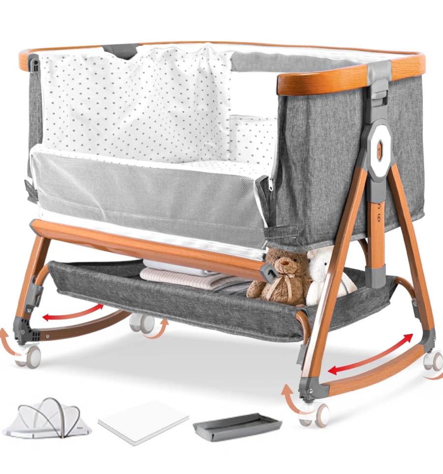  Bassinet Bedside Sleeper, Portable Baby Crib with 6 Adjustable Heights and Breathable Mesh Panels, Foldable, Gray