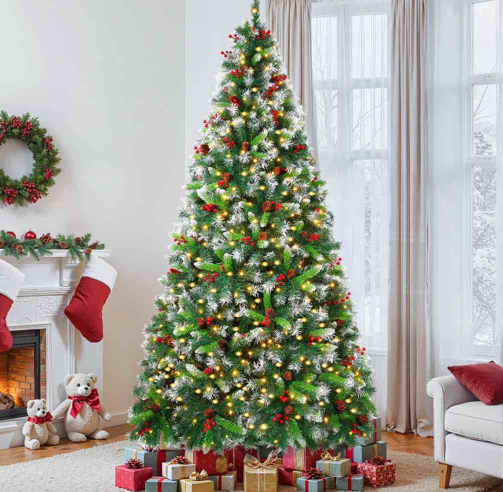Firstness 7.5ft Pre-Lit Artificial Christmas Tree with 1400 Branch Tips 600 LED Lights,Pine Cones + Red Berries,Metal Stand Hinged Xmas Tree