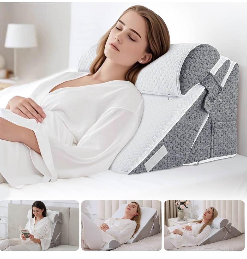 iHrat Wedge Pillow for Sleeping,Orthopedic Adjustable Memory Foam Bed Wedge Pillows Set for Acid Reflux,Leg Back Pain Relief & Reading Rest,Headboard with Neck Support & Gray Removable Pillowcase