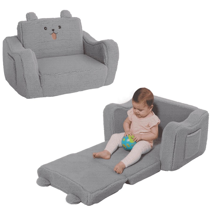 AILEEKISS Toddler Sofa Chair, 2-in-1 Foldable Baby Couch Flip Open Sofa Bed for Playroom, Grey