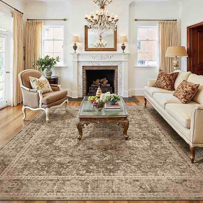 8x10 Washable Brown Vintage Area Rug for Living Room Bedroom Large Distressed Rustic Low Pile Carpet Non-Slip Lightweight Vacuumable Soft Throw Rug for Indoor Dining Room